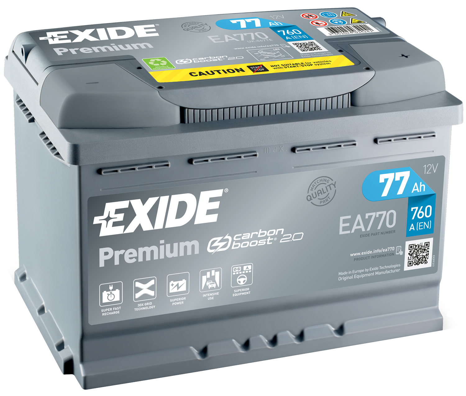Аккумулятор EXIDE автомобильный PREMIUM 77Ah 760A (EN) Кислотный EXIDE EA770