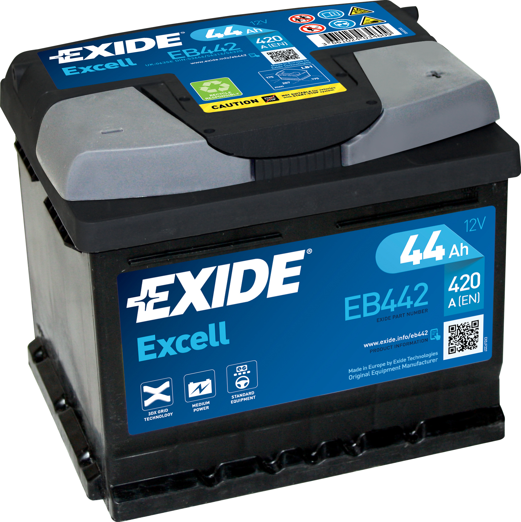 Аккумулятор EXIDE автомобильный EXCELL 44Ah 420A (EN) Кислотный EXIDE EB442