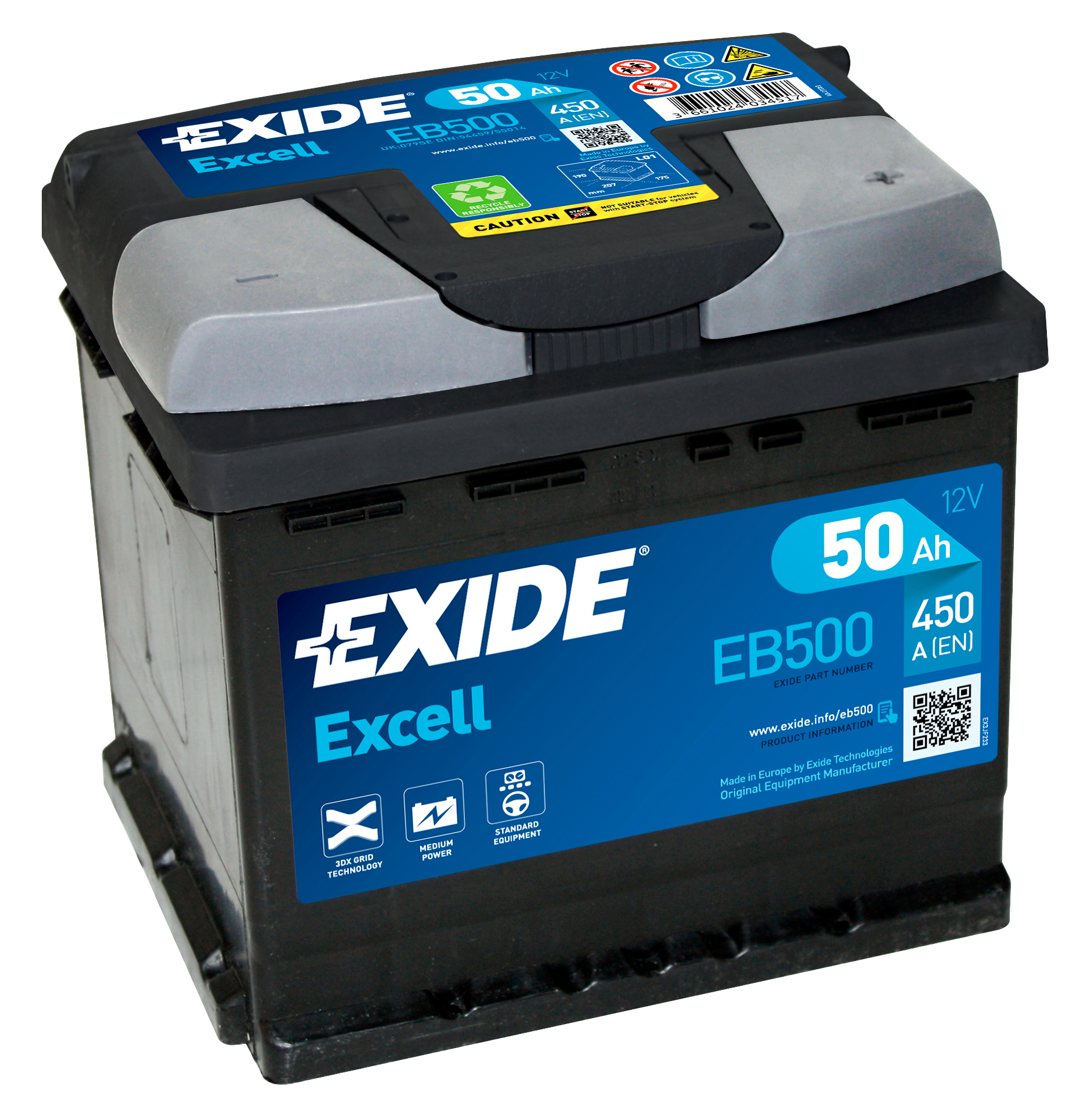 Аккумулятор EXIDE автомобильный EXCELL 50Ah 450A (EN) Кислотный EXIDE EB500