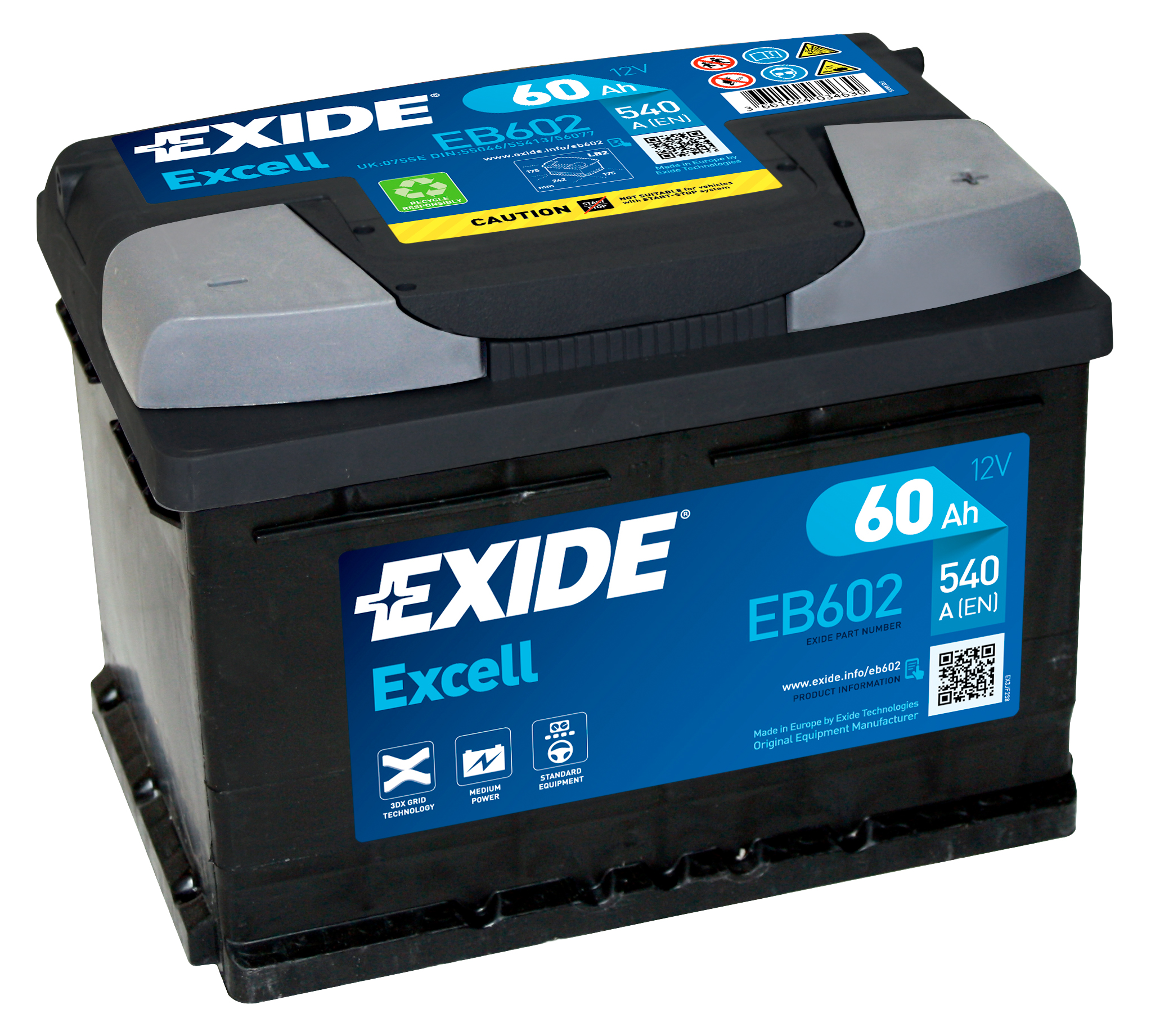 Аккумулятор EXIDE автомобильный EXCELL 60Ah 540A (EN) Кислотный EXIDE EB602