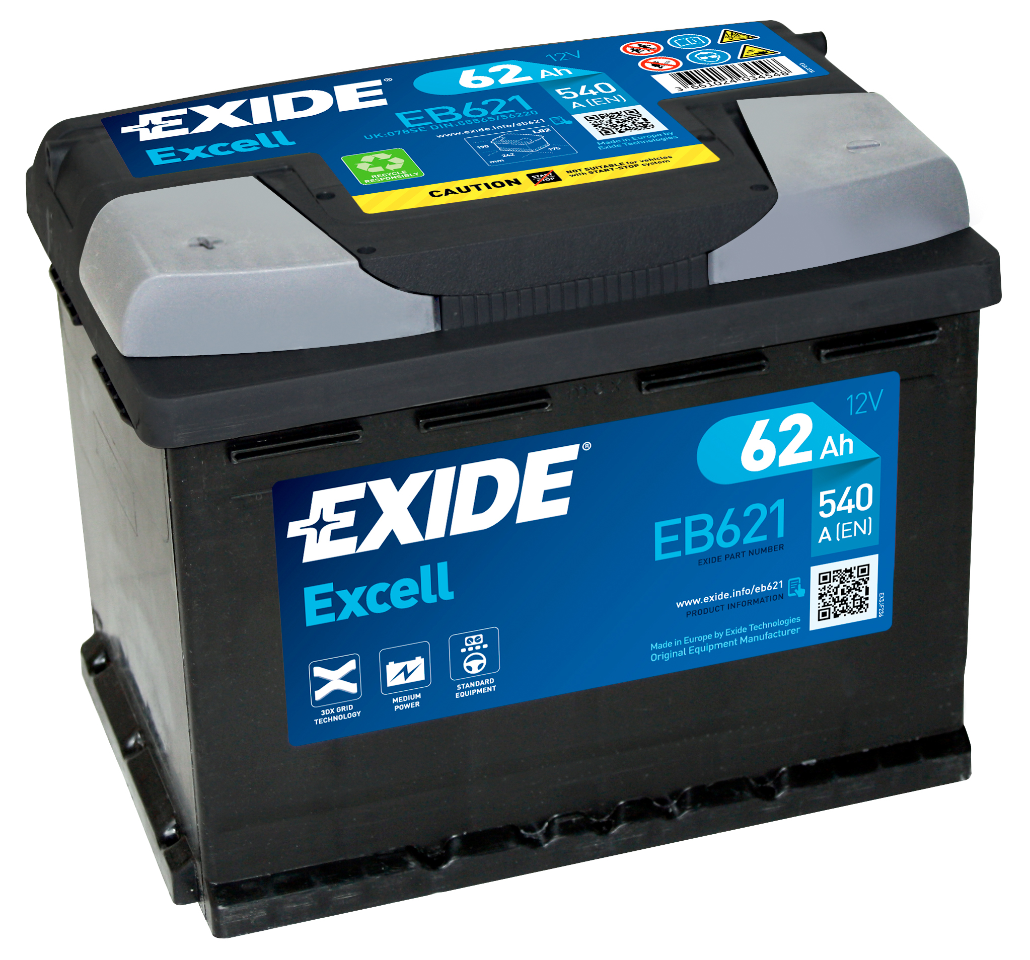 Аккумулятор EXIDE автомобильный EXCELL 62Ah 540A (EN) Кислотный EXIDE EB621