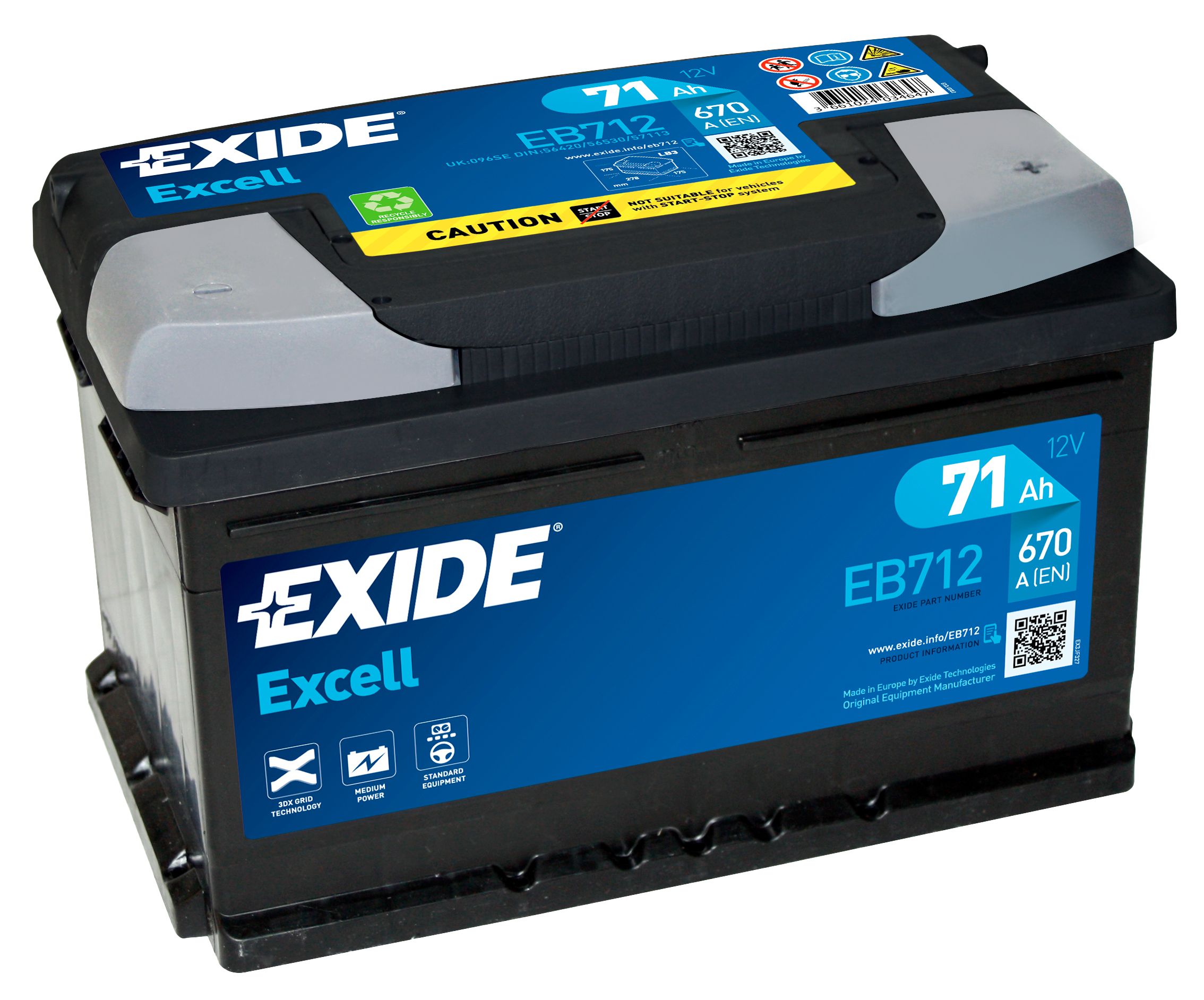 Аккумулятор EXIDE автомобильный EXCELL 71Ah 670A (EN) Кислотный EXIDE EB712