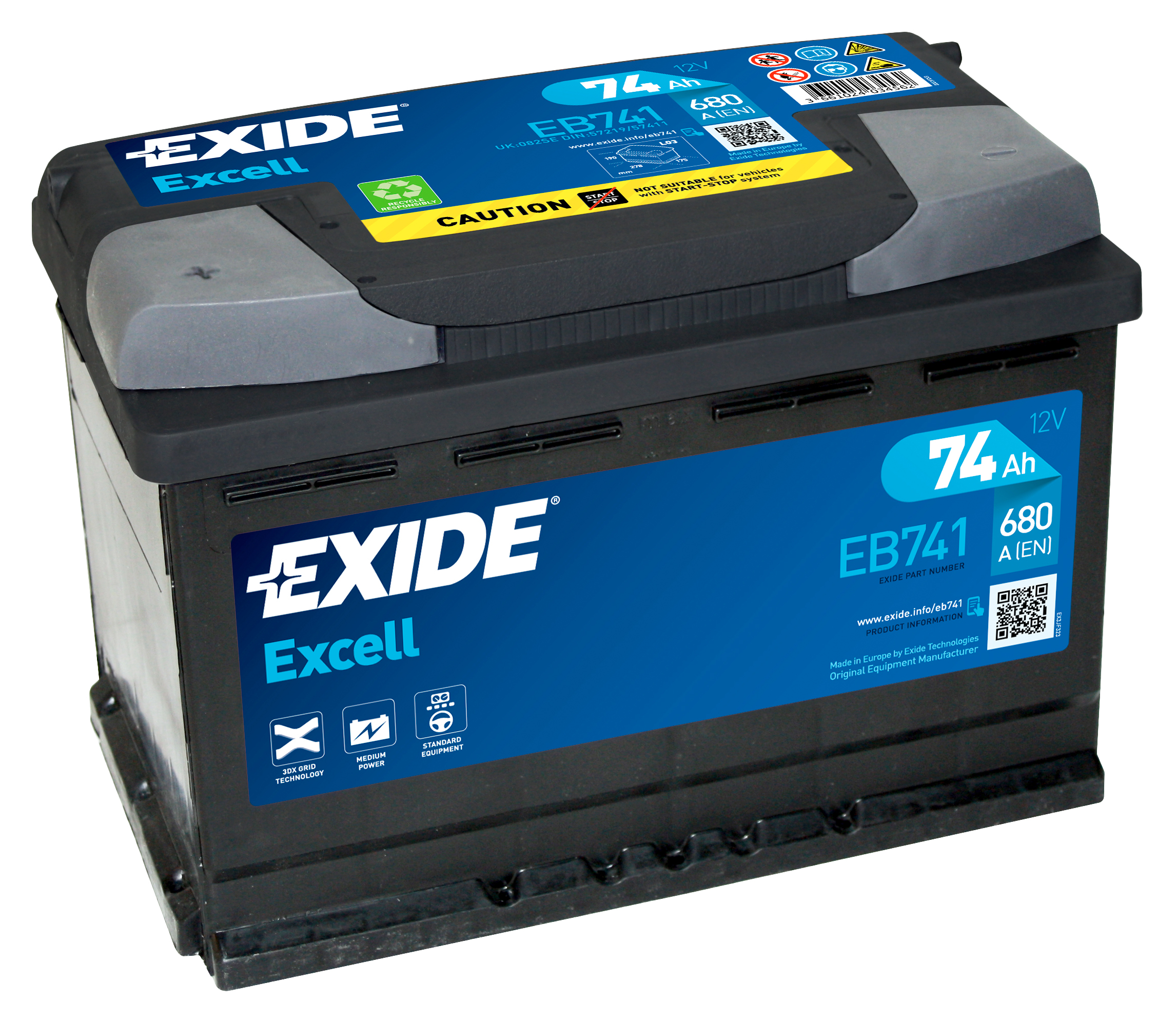 Аккумулятор EXIDE автомобильный EXCELL 74Ah 680A (EN) Кислотный EXIDE EB741
