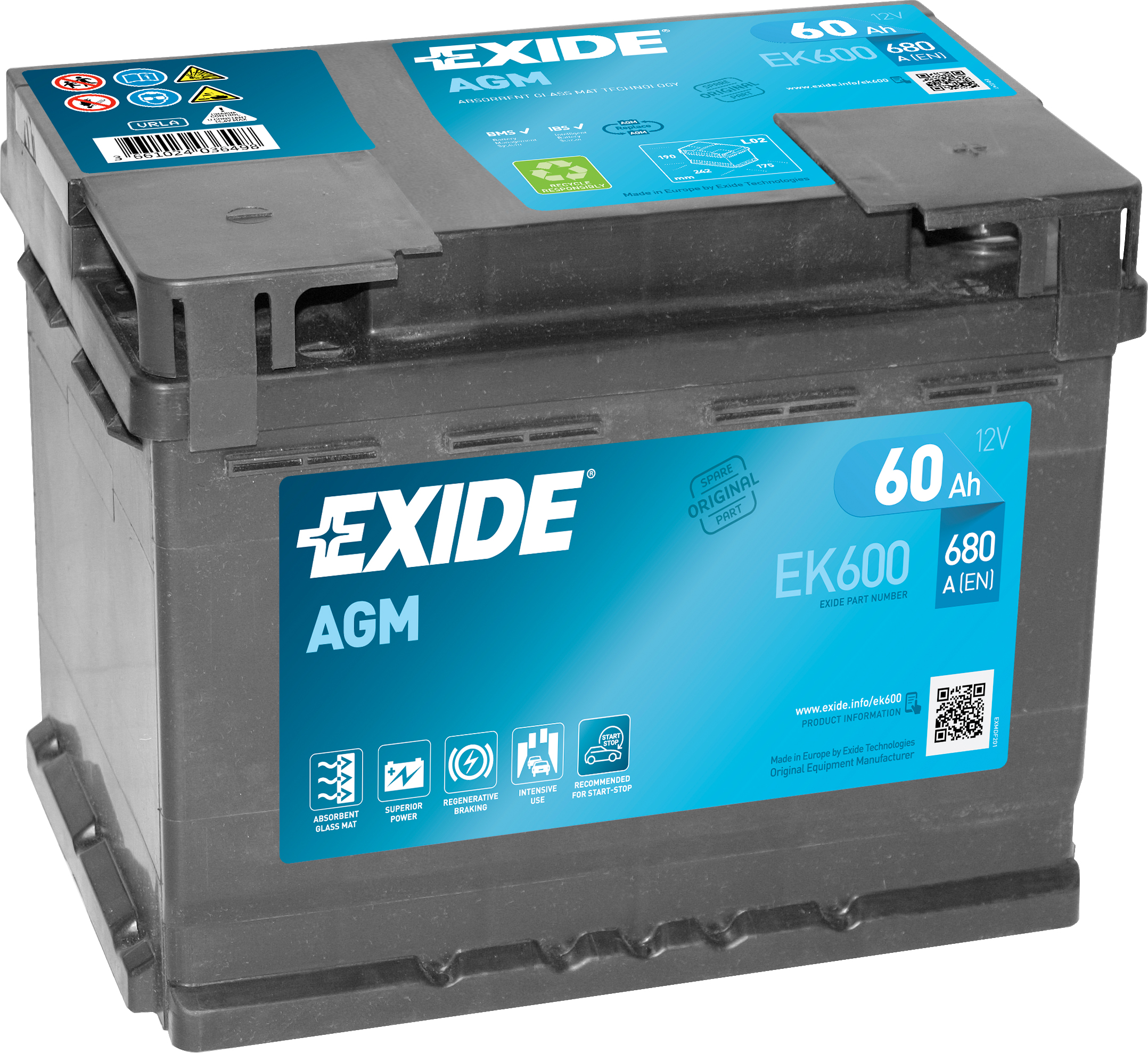 Аккумулятор EXIDE автомобильный AGM 60Ah 680A (EN) AGM EXIDE EK600
