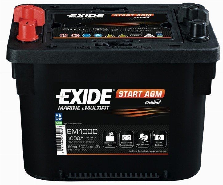 Аккумулятор EXIDE автомобильный Marine START AGM 50Ah 800A (EN) AGM EXIDE EM1000