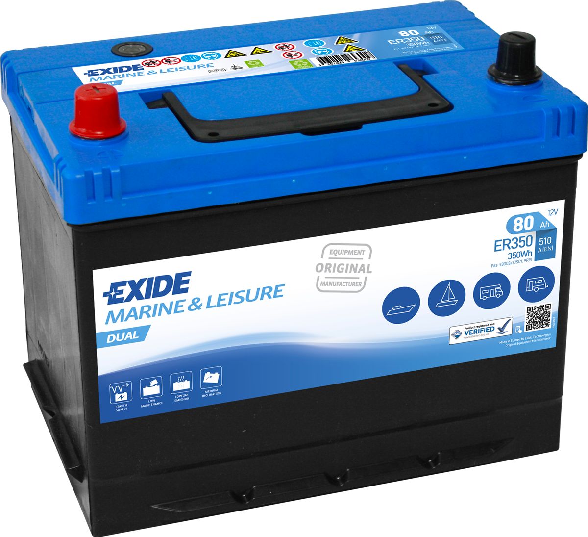 Аккумулятор EXIDE автомобильный Marine&Multifit Exide AGM Dual 80Ah 510A (EN) Кислотный EXIDE ER350